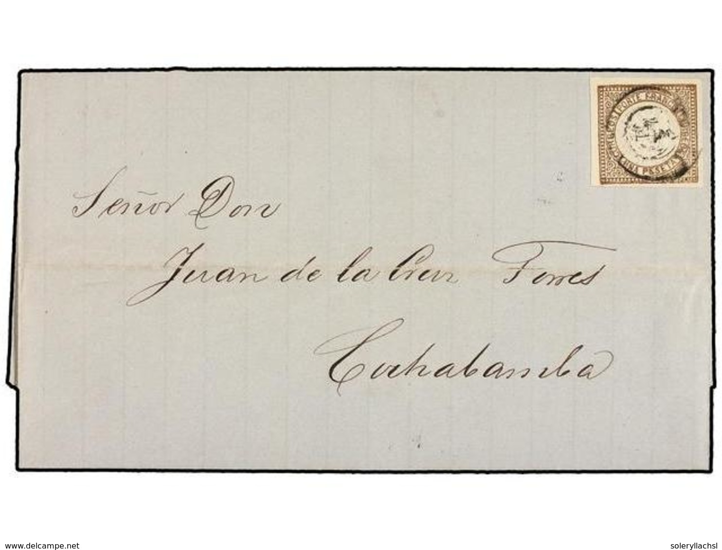 PERU. Sc.13. 1866. TACNA A COCHABAMBA.1 Peseta Castaño, Mat. FECHADOR De TACNA. Raro Sello En Carta. - Other & Unclassified