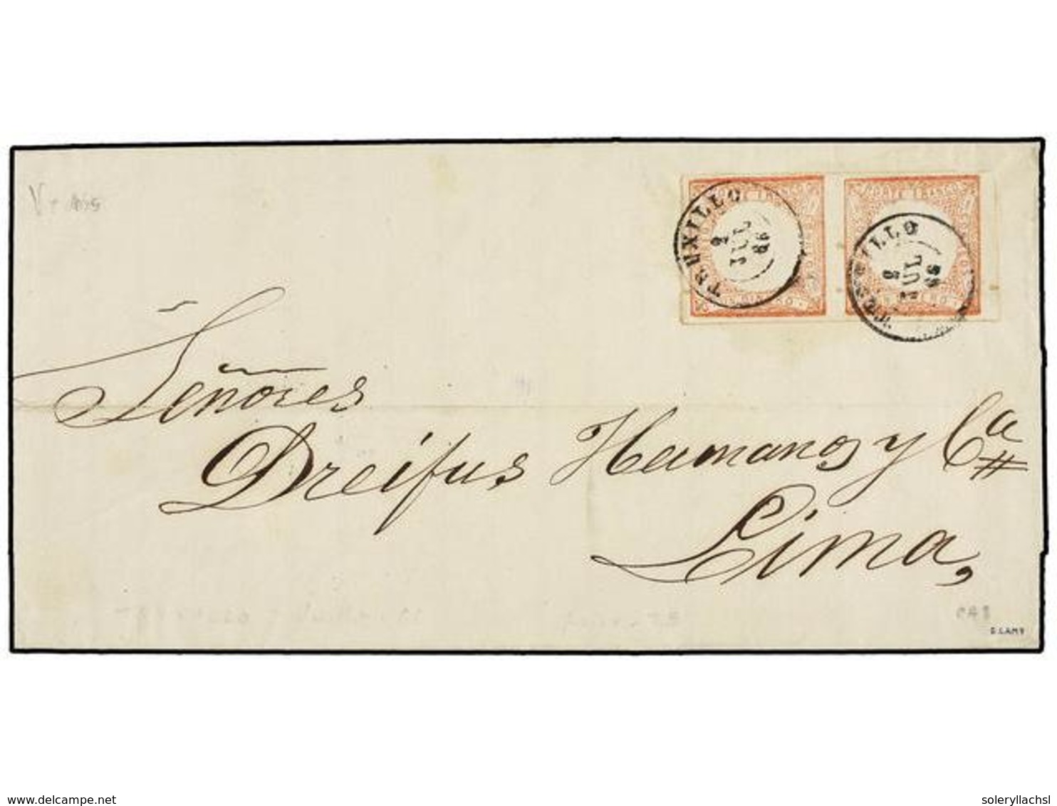 PERU. Sc.12 (2). 1866. TRUXILLO A LIMA. 1 Dinero Rosa, Pareja, Mat. Fechador TRUXILLO. MUY BONITA. - Autres & Non Classés