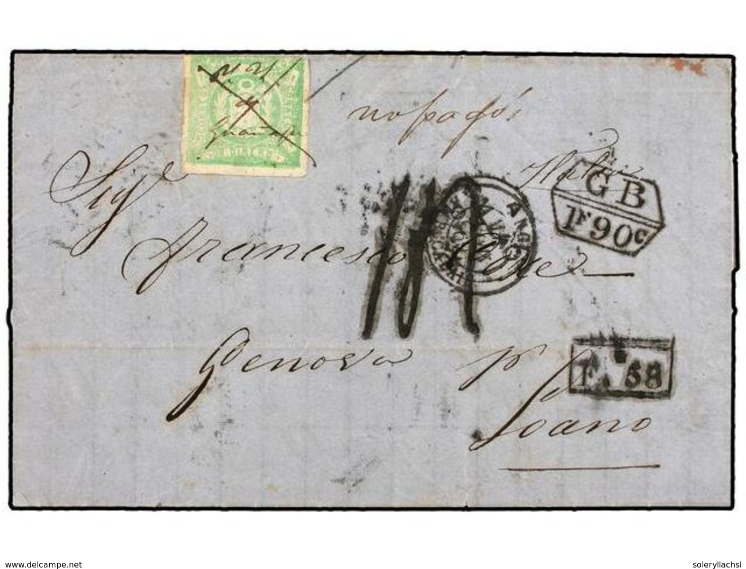 PERU. 1869. GUAÑAPE A LOANO (Italia). Carta Completa Con Sello De 1 Dinero Verde, Manuscrito M.Y? De GUAÑAPE Y Al Lado ' - Sonstige & Ohne Zuordnung