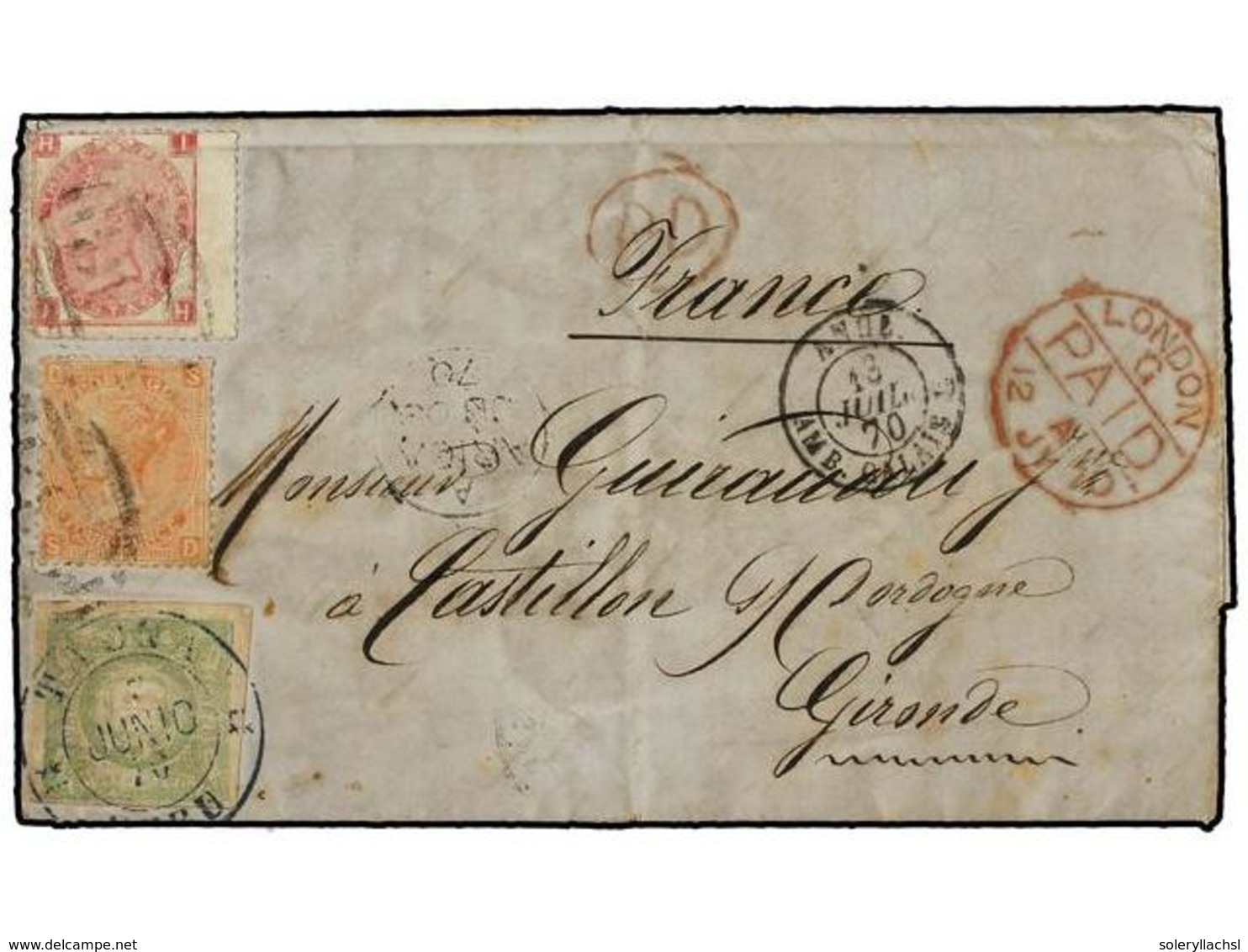 PERU. 1870 (7 Junio). TACNA A FRANCIA. Carta Completa Con Texto Franqueada Con Sello De Perú De 1 Dinero Verde Matasella - Other & Unclassified