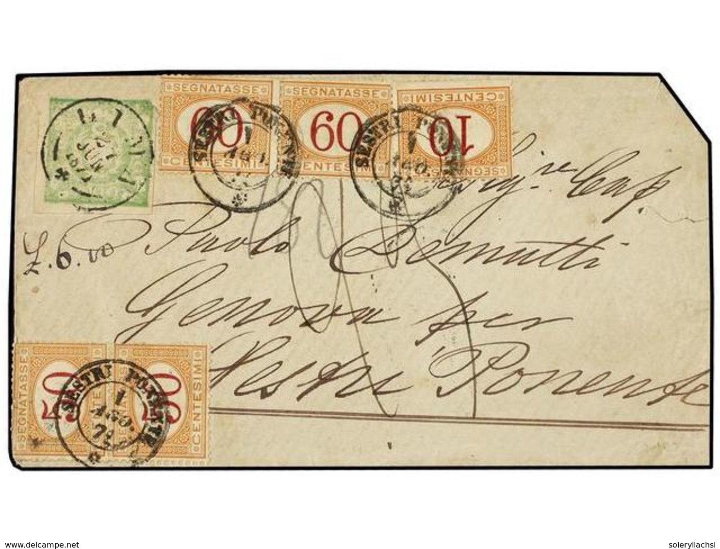 PERU. 1871. LIMA A ITALIA. 1 Dinero Verde, Tasada A La Llegada Con 2 Liras 30 Cts. Pagados Con Sellos De 10 Cts., 50 Cts - Otros & Sin Clasificación