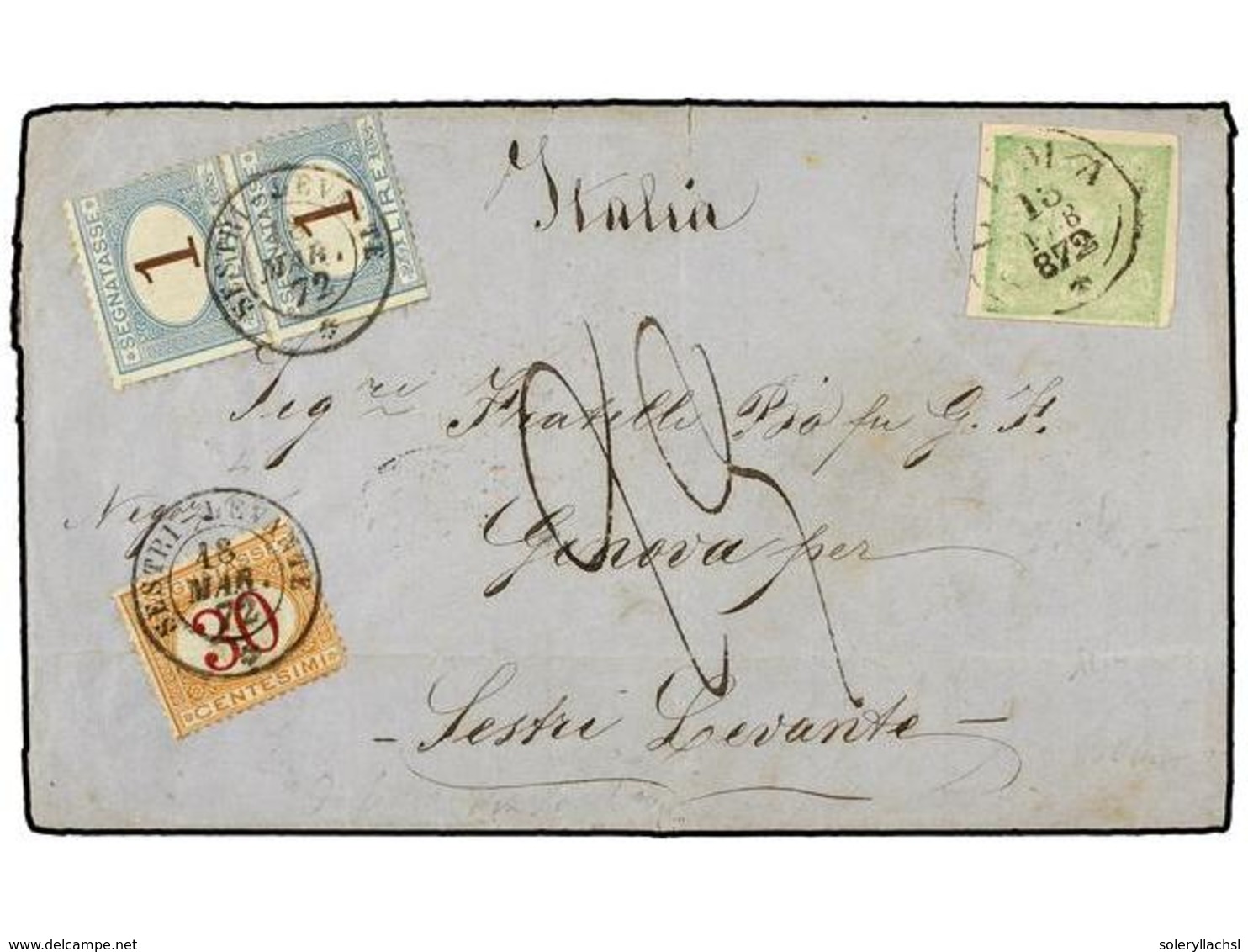 PERU. 1872. LIMA A GENOVA. 1 Dinero Verde, Tasada A La Llegada Con Sellos Italianos De 30 Cts. Y 1 Lira (2). - Other & Unclassified