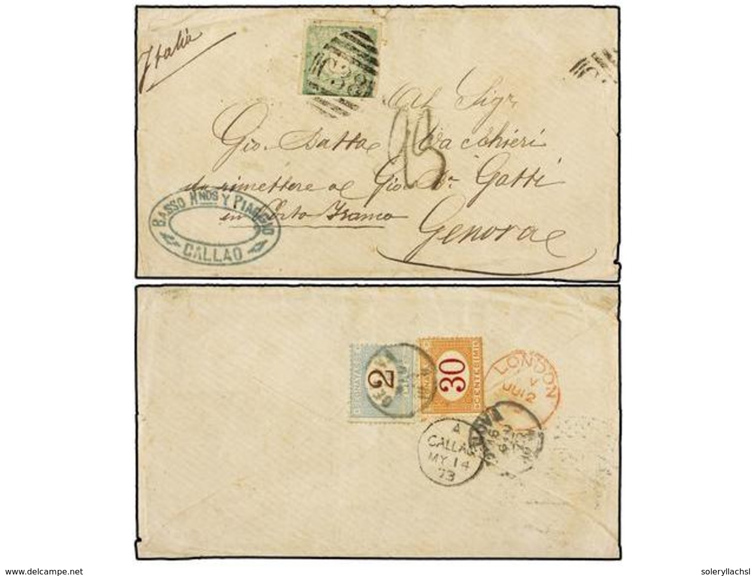 PERU. Sc.14. 1873. CALLAO A GÉNOVA. 1 Dinero Verde. Mat. De La B.P.O. C38. Tasada A La Llegada Con '23' Décimas Pagadas  - Autres & Non Classés