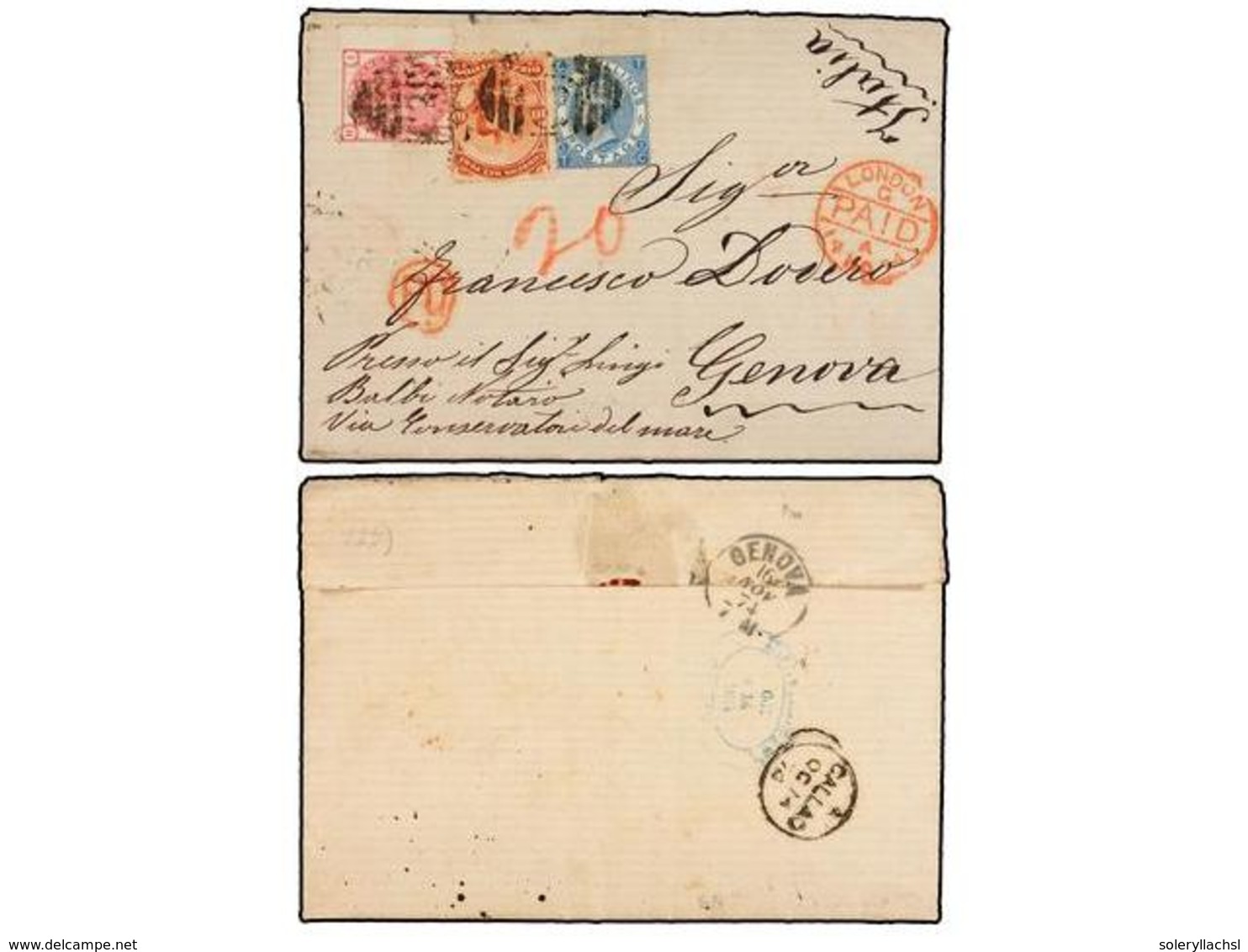 PERU. 1874. CALLAO To GÉNOVA. Entire Letter Franked With Perú 10 Cts. Red Stamp And British 3 D. Rose And 2 Sh. Blue Sta - Other & Unclassified