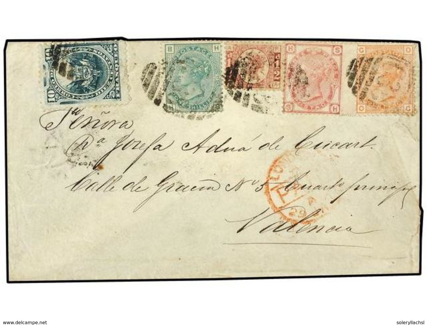 PERU. 1874. CALLAO A VALENCIA (España). Circulada Con Sello De Perú De 10 Cts. Verde Y Sellos Británicos De 1/2 P. Rojo, - Sonstige & Ohne Zuordnung