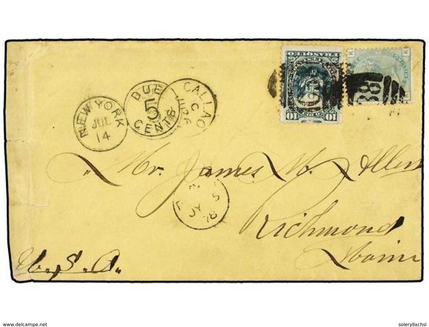 PERU. 1878. CALLAO A RICHMOND (Usa). Circulada Con Sello De Perú De 10 Cts. Verde Y Sello Británico De 1 Sh. Verde, Pl.  - Sonstige & Ohne Zuordnung