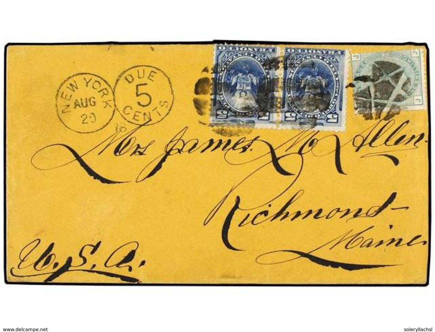 PERU. 1878. USED ABROAD. Cover To RICHMOND, MAINE, USA Bearing Combination Franking Of Peru 5 C. Pair And Great Britain  - Otros & Sin Clasificación