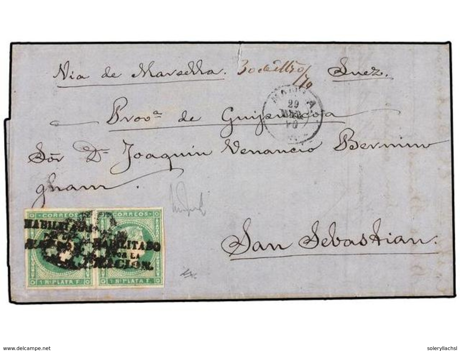 FILIPINAS. Ed.20L (2). 1870. MANILA A SAN SEBASTIÁN. 1 Real Verde, Pareja. Mat. PARRILLA COLONIAL Y Fechador MANILA/*, A - Autres & Non Classés