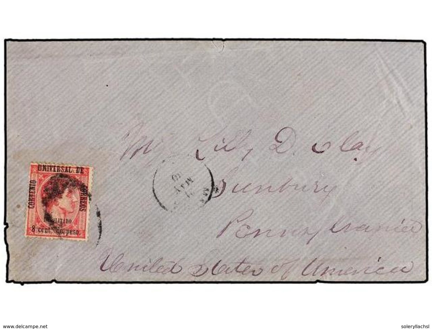 FILIPINAS. Ed.55. 1880. MANILA A U.S.A. 8 Cts. S. 100 Mils. Rosa, Mat. PARRILLA COLONIAL Y Fechador MANILA/*.  Al Dorso  - Autres & Non Classés