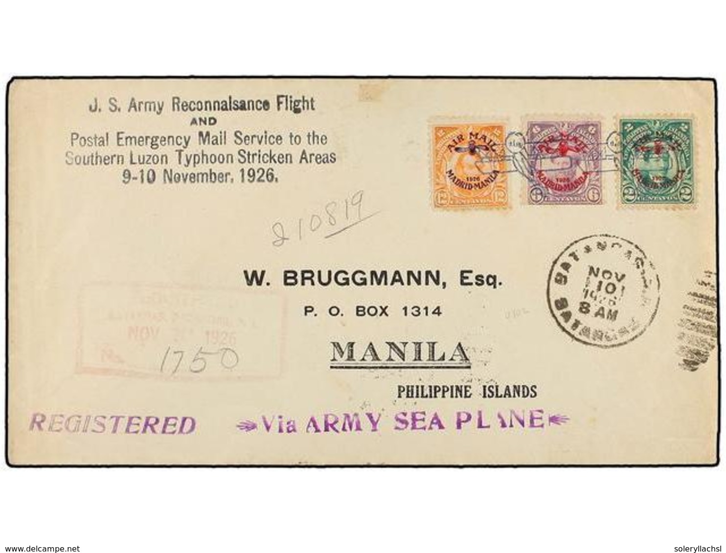 FILIPINAS. 1926 (10 Noviembre). AIR MAIL. BATANGAS A MANILA. 2 Cts., 6 Cts. Y 12 Ctvos. Vuelo Especial, Marca J.S. ARMY  - Other & Unclassified