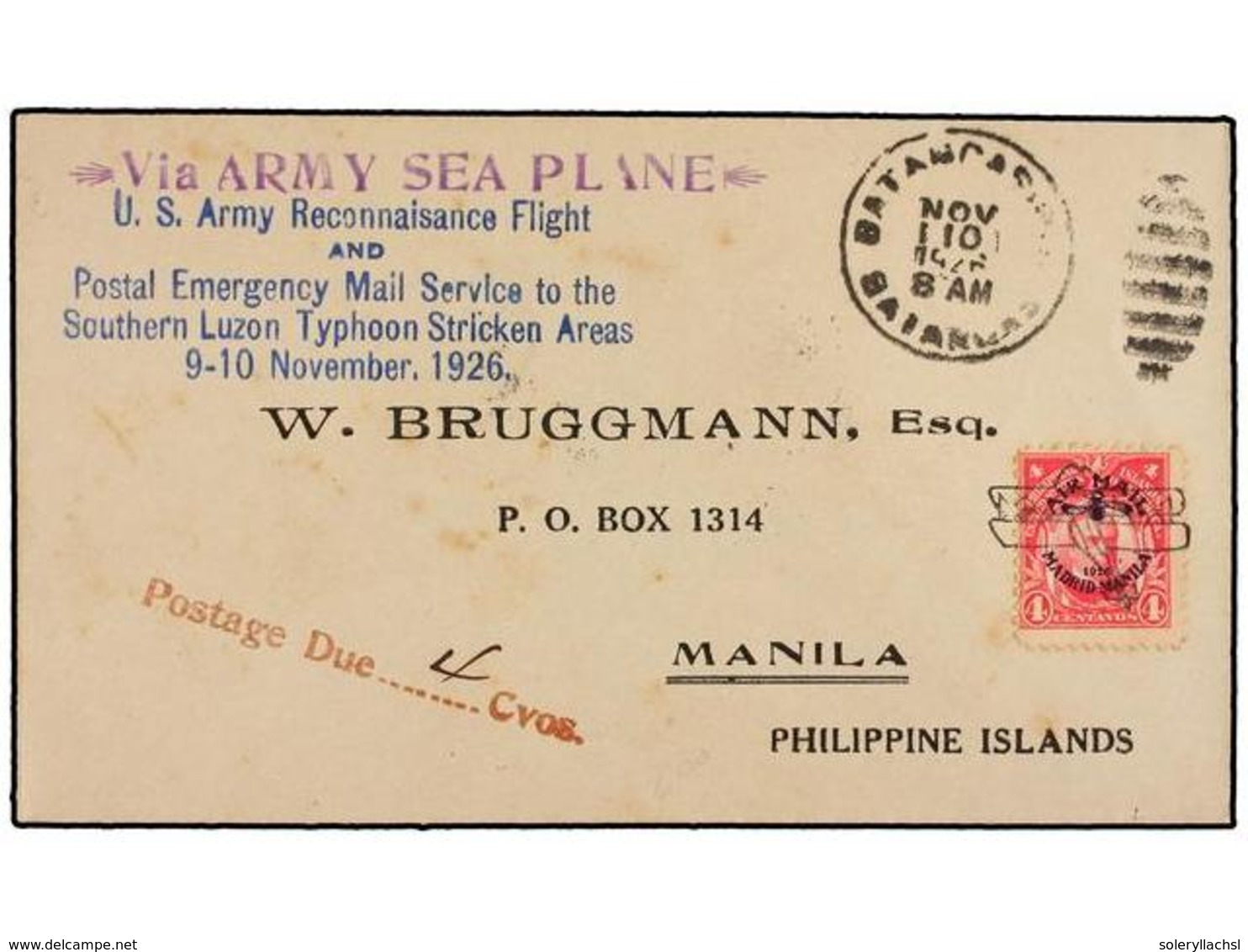 FILIPINAS. 1926 (10 Noviembre). AIR MAIL. BATANGAS A MANILA. 4 Cts. Rojo, Vuelo Especial, Marca U.S. ARMY RECONNAISANCE  - Sonstige & Ohne Zuordnung