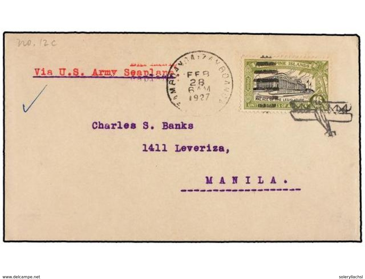 FILIPINAS. 1927 (28 Febrero). AIR MAIL. ZAMBOANGA A MANILA. 16 Ctvos., Vuelo Especial, Al Dorso Marca Ovalada VIA U.S. A - Otros & Sin Clasificación