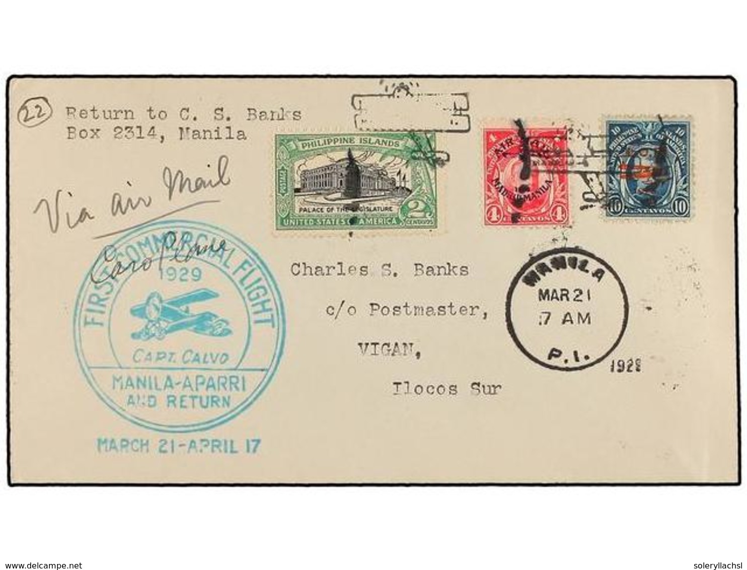 FILIPINAS. 1929 (21 Marzo). AIR MAIL. MANILA A VIGAN. 2 Ctvos., 4 Ctvos. Y 10 Ctvos. Vuelo Especial Realizado Por El Cap - Autres & Non Classés