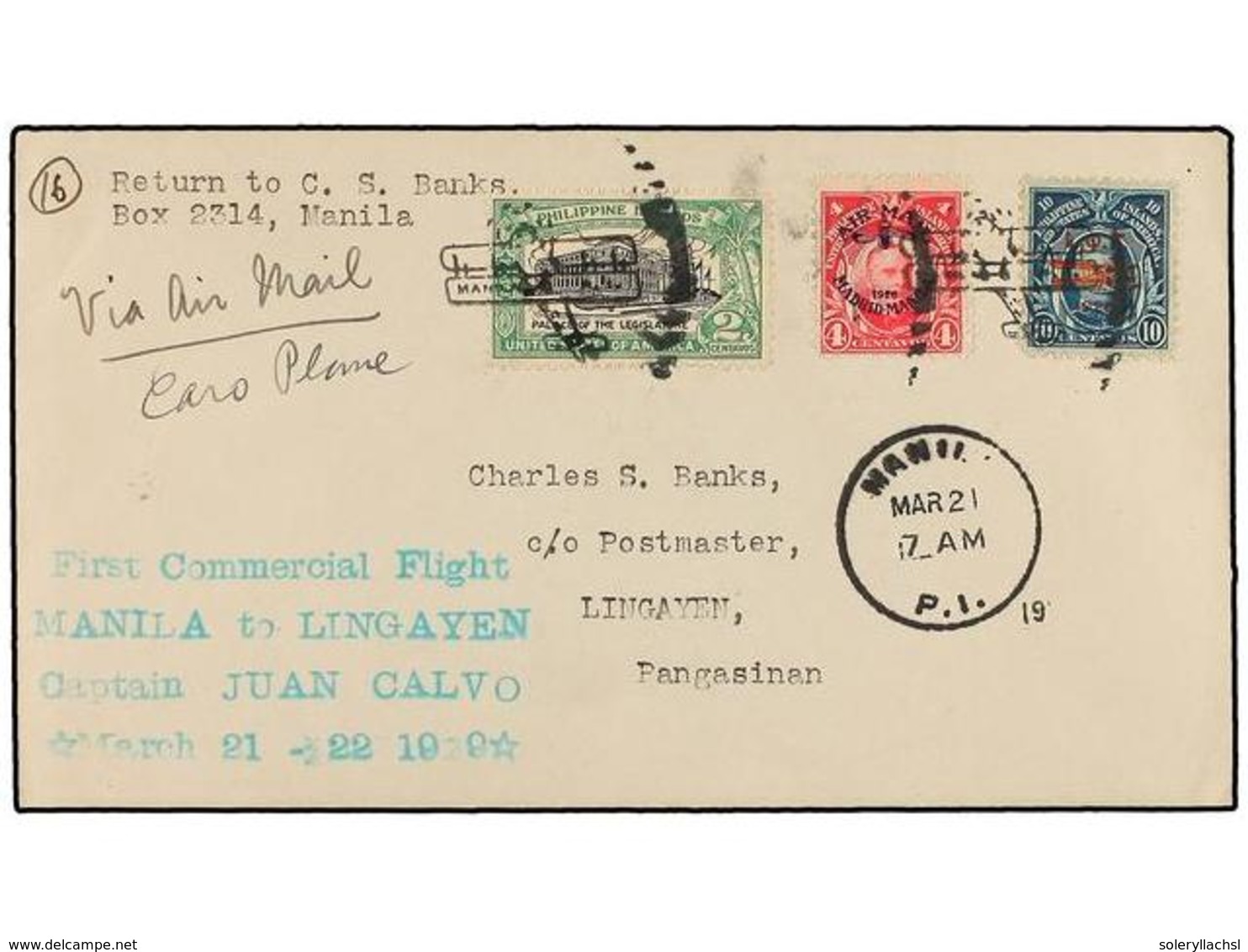 FILIPINAS. 1929 (21 Marzo). AIR MAIL. MANILA A LINCAYEN. 2 Cts., 4 Cts. Y 10 Ctvos. Vuelo Especial Realizado Por El Capi - Sonstige & Ohne Zuordnung