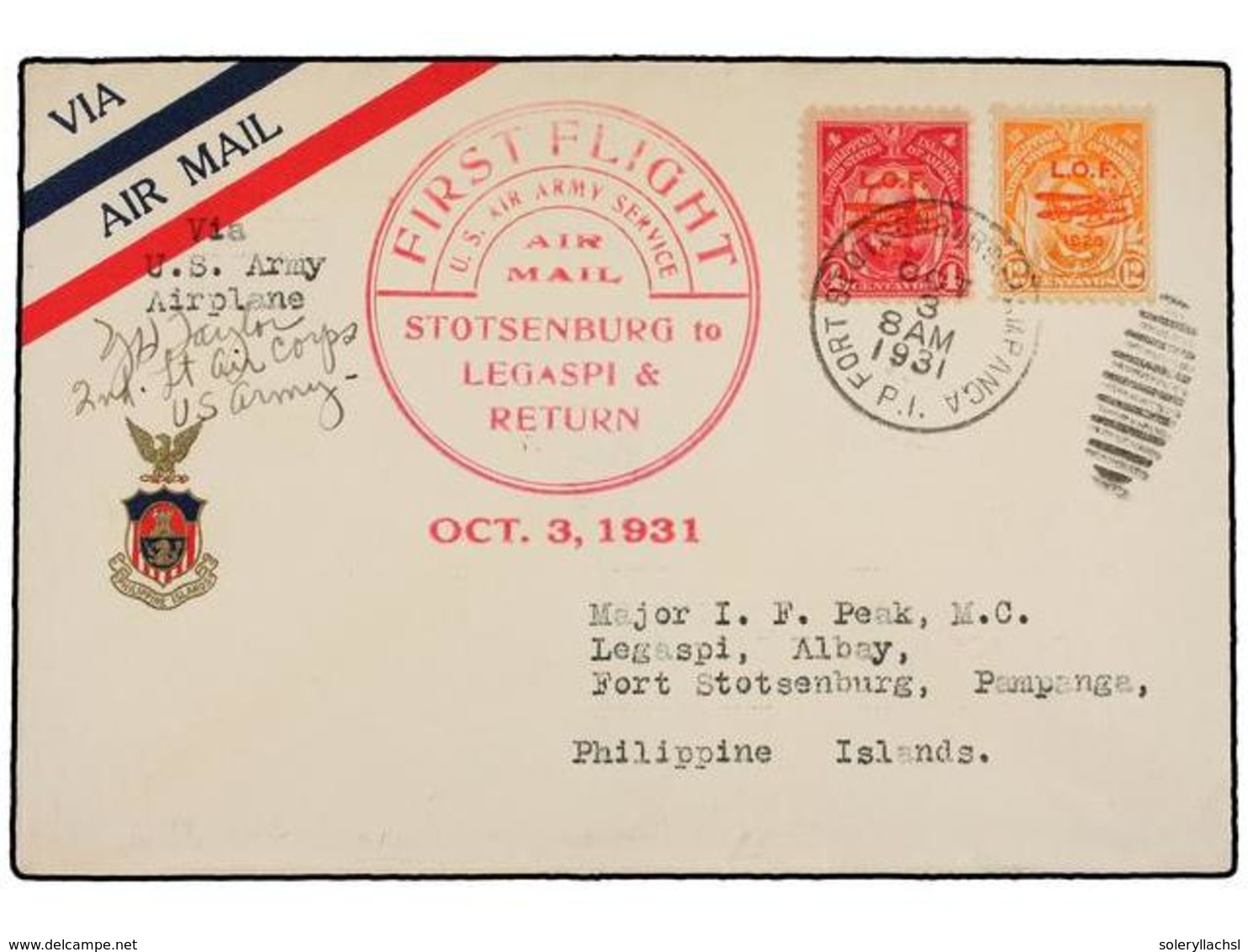 FILIPINAS. 1931 (3 Octubre). AIR MAIL. STOTSENBURG A STOTSENBURG Vía Legaspi. 4 Ctvos. Y 12 Ctvos. Vuelo Especial De Ida - Other & Unclassified