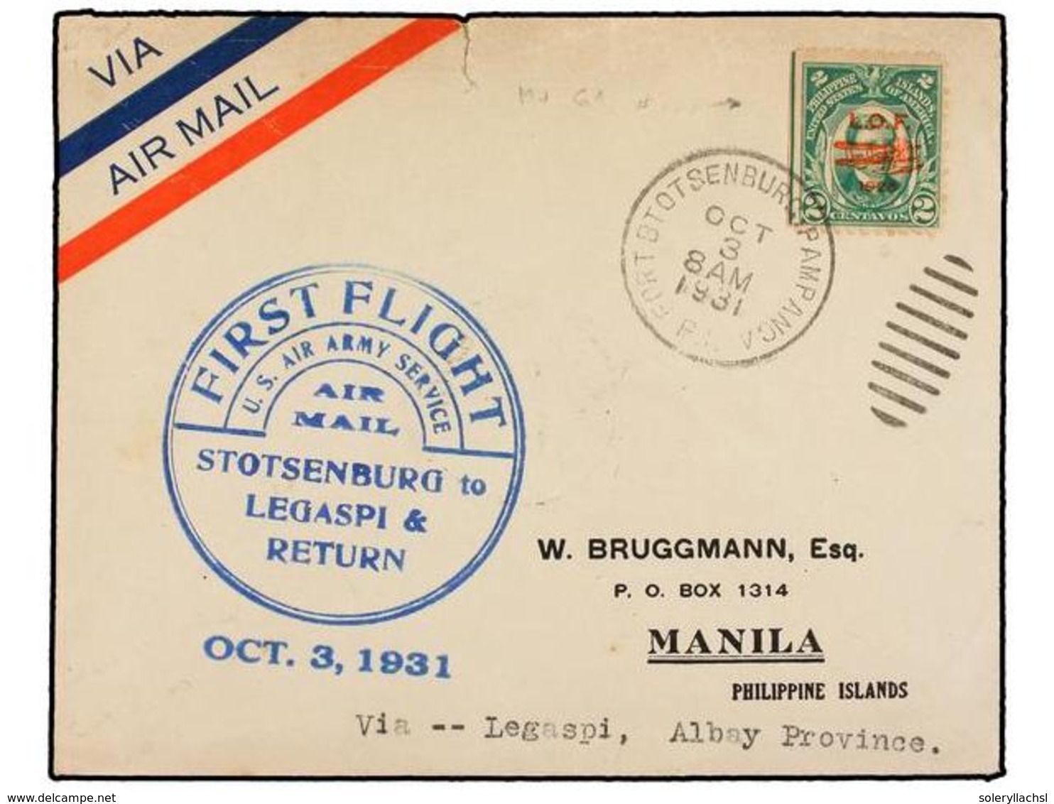 FILIPINAS. 1931 (3 Octubre). AIR MAIL. STOTSENBURG A MANILA Vía LEGASPI. 2 Ctvos. Vuelo Especial, Marca U.S. AIR ARMY SE - Sonstige & Ohne Zuordnung