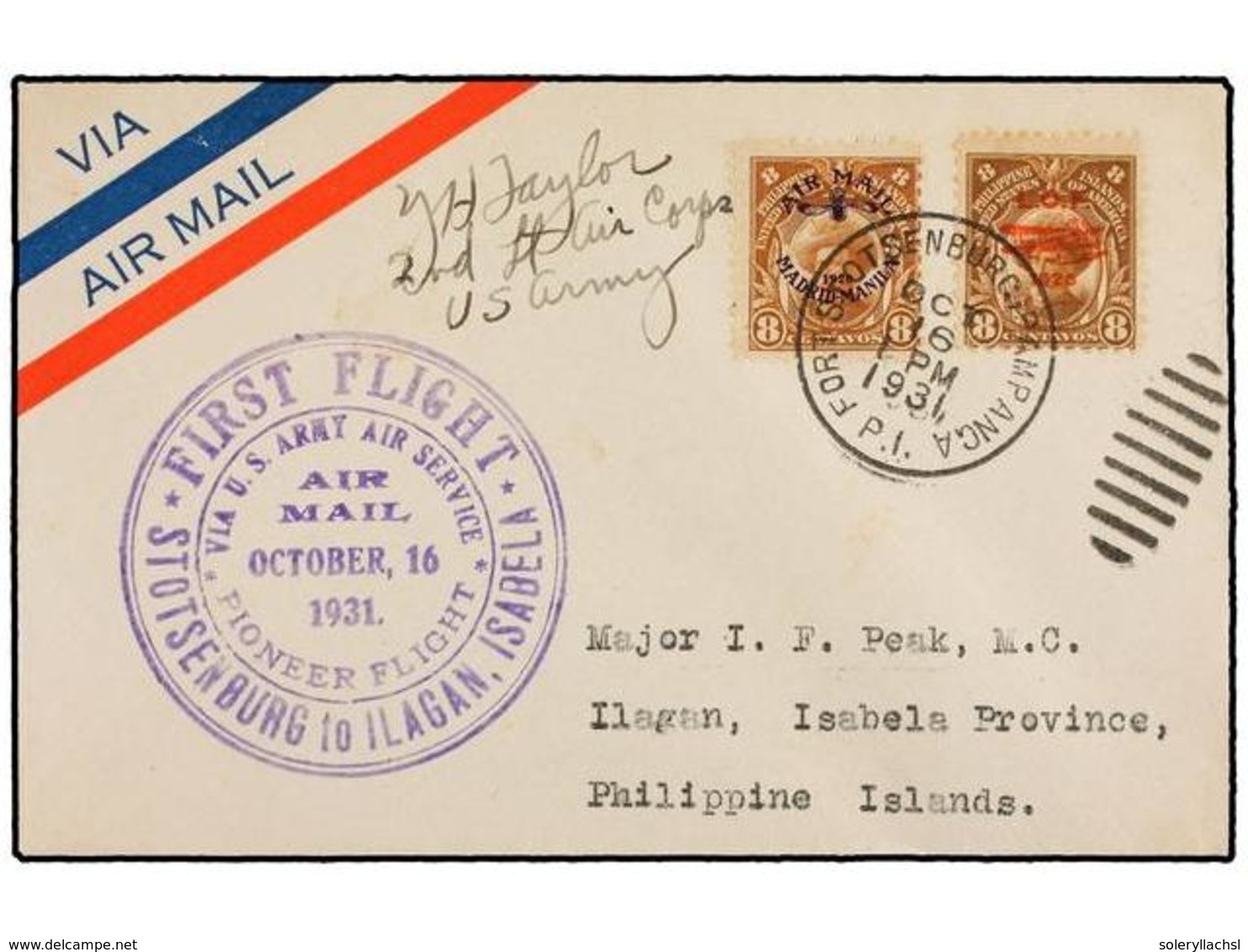 FILIPINAS. 1931 (16 Octubre). AIR MAIL. STOTSENBURG A ILAGAN. 8 Cts. (2) Vuelo Especial, Marca VIA U.S. ARMY SERVICE En  - Sonstige & Ohne Zuordnung