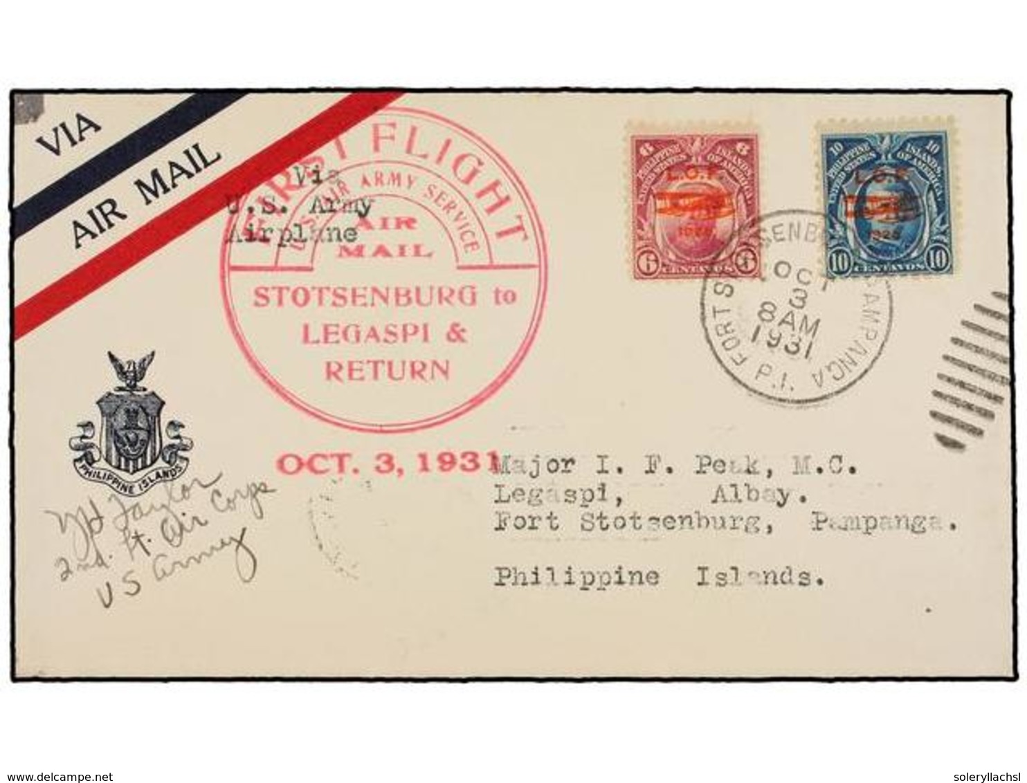 FILIPINAS. 1931 (8 Octubre). AIR MAIL. STOTSENBURG A LEGASPI. 6 Cts. Y 10 Cts. Vuelo Especial, Marca U.S. AIR ARMY SERVI - Otros & Sin Clasificación