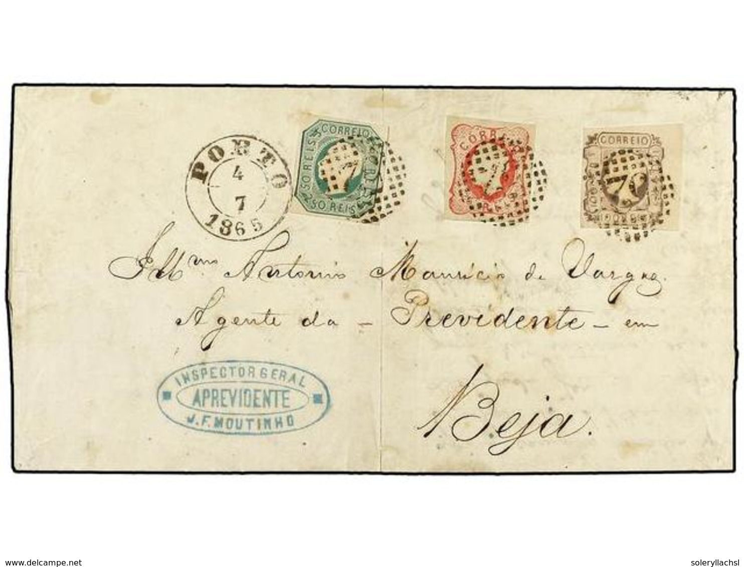 PORTUGAL. Af.16, 17, 18. 1865. PORTO A BEJA. 25 Reis Rosa, 50 Reis Verde Azulado Y 100 Reis Lila. Espectacular Franqueo  - Other & Unclassified