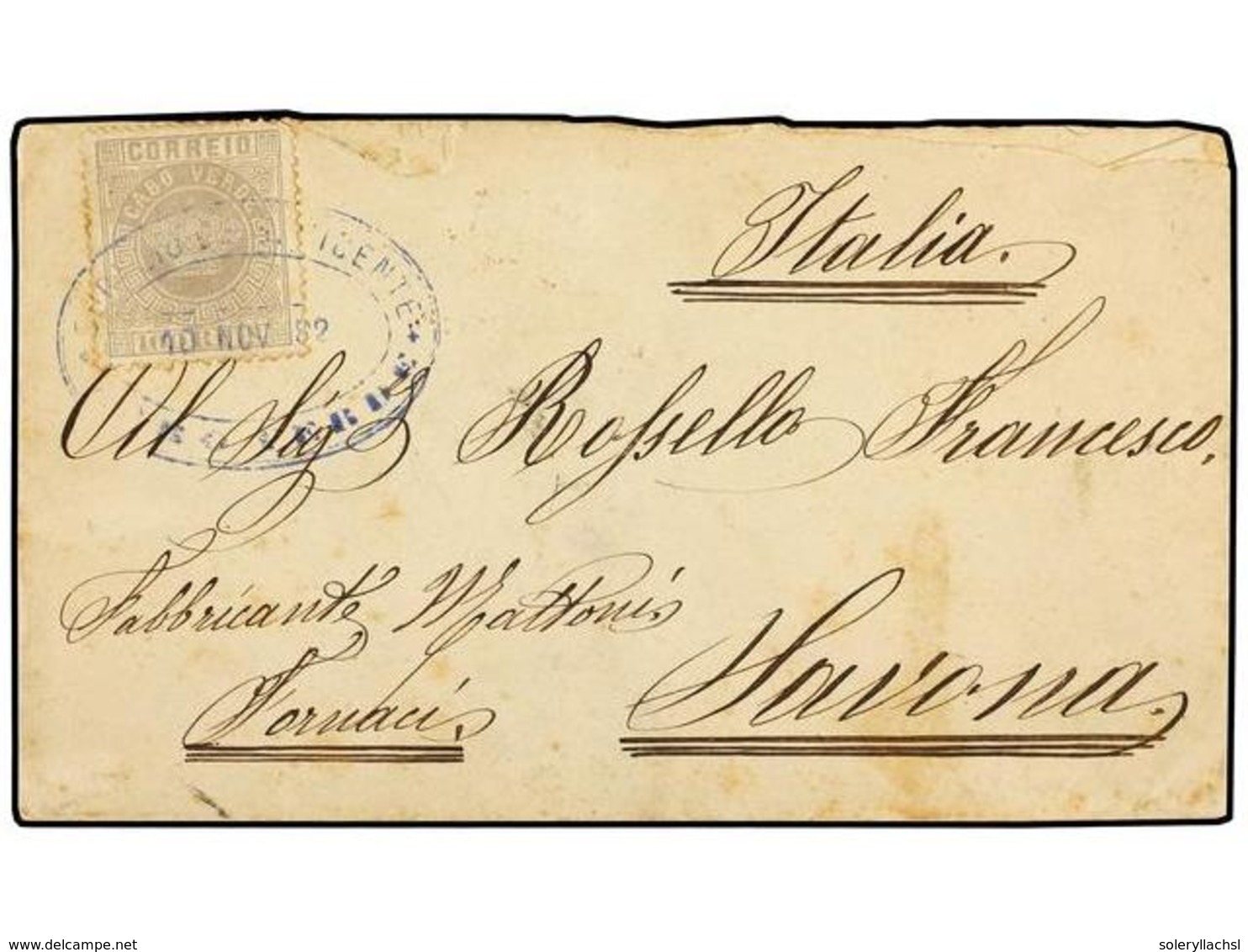 CABO VERDE. 1882 (Nov 10). Cover To SAVONA (Italy) Franked By 1877 Crown 100r. Lilac Tied By Oval CORREOS DE SAN VICENTE - Autres & Non Classés