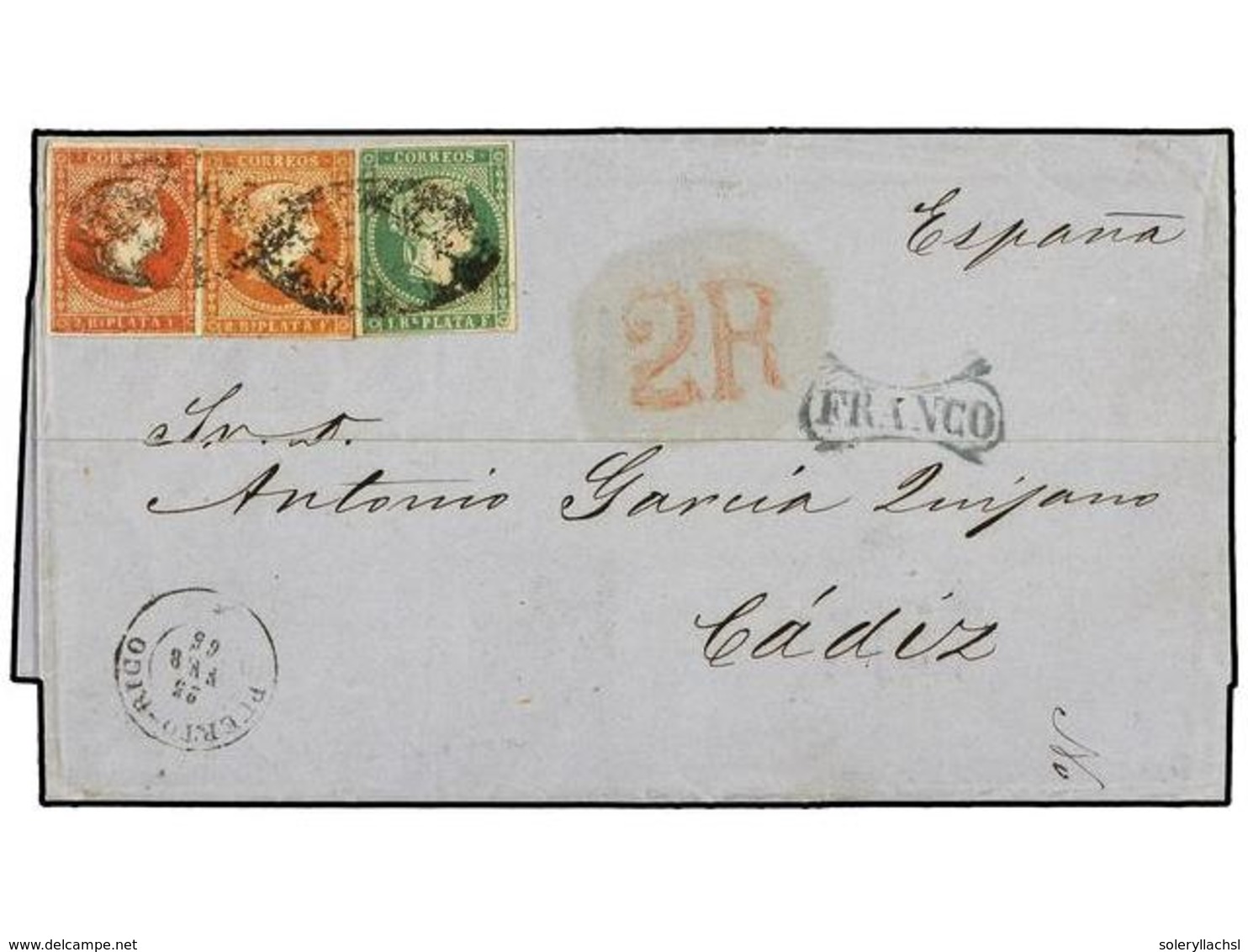 PUERTO RICO. 1865. SAN JUAN A CADIZ. 1 Real Verde Sin Filigrana, 2 Reales Rojo Sin Filigrana Y 2 Reales Rojo Naranja, Fi - Other & Unclassified