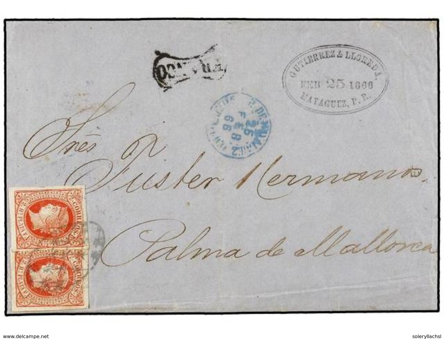 PUERTO RICO. Ant.12 (2). 1866. MAYAGUEZ A PALMA DE MALLORCA. Circulada Con Dos Sellos De Antillas De 2 Reales Rojo, Circ - Autres & Non Classés