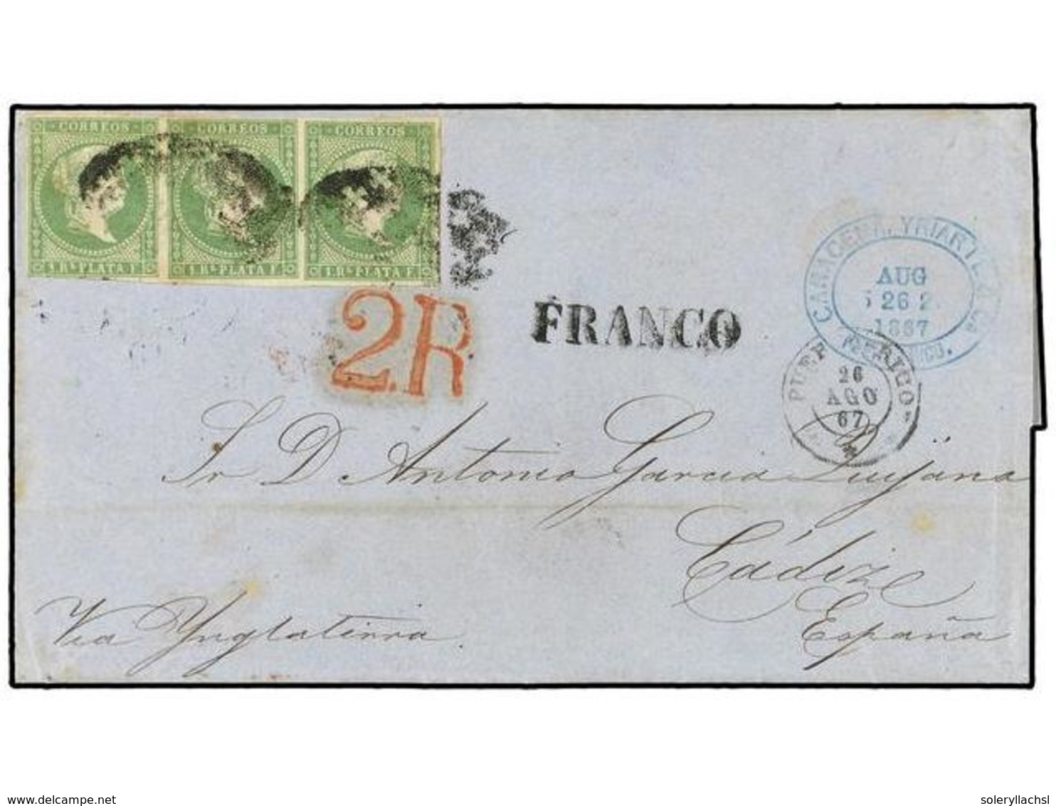 COLONIAS ESPAÑOLAS: PUERTO RICO. Ant.8(3). 1867. SAN JUAN A CADIZ. 1 Real Verde Tira De Tres. Circulada Via Inglaterra,  - Otros & Sin Clasificación