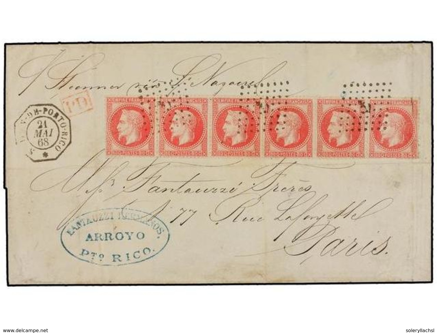 PUERTO RICO. 1868. ARROYO (Puerto Rico) A PARÍS. Circulada Por El Correo Francés Con Una Espectacular Tira De Seis Ejemp - Other & Unclassified