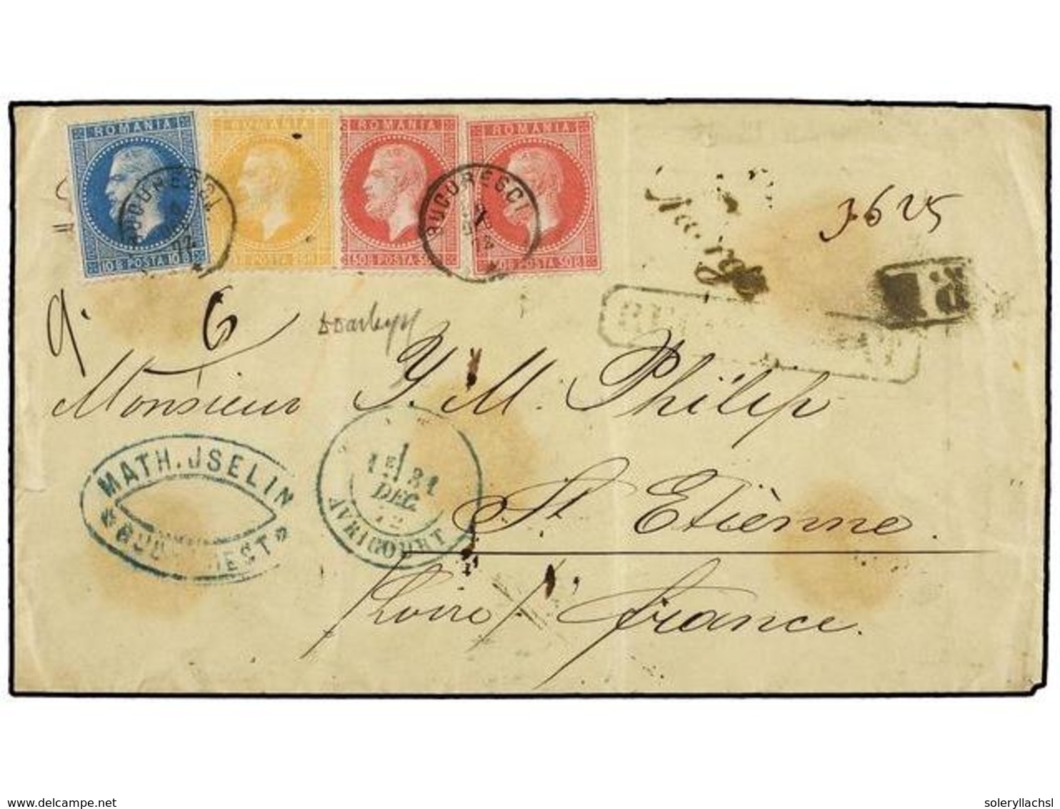 RUMANIA. Mi.39, 41, 42 (2). 1872. BUCAREST To ST. ETIENNE (France). 10 Bani Blue, 25 Bani Orange And 50 Bani Rose (2) Wi - Sonstige & Ohne Zuordnung