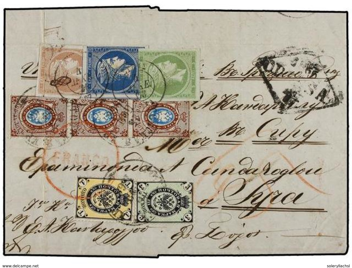 RUSIA. 1866. Entire Letter From ROSTOV To SYRA Via Odessa, Franked On Despatch With Arms 1865 1k. Yellow, 3k. Pale Green - Autres & Non Classés