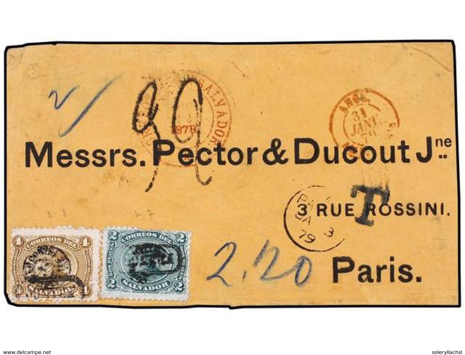 SALVADOR. 1878. Printed Cover Front Sent From SAN SALVADOR To PARIS With 1874 2r Green And 4r Bistre With Circular Type  - Otros & Sin Clasificación