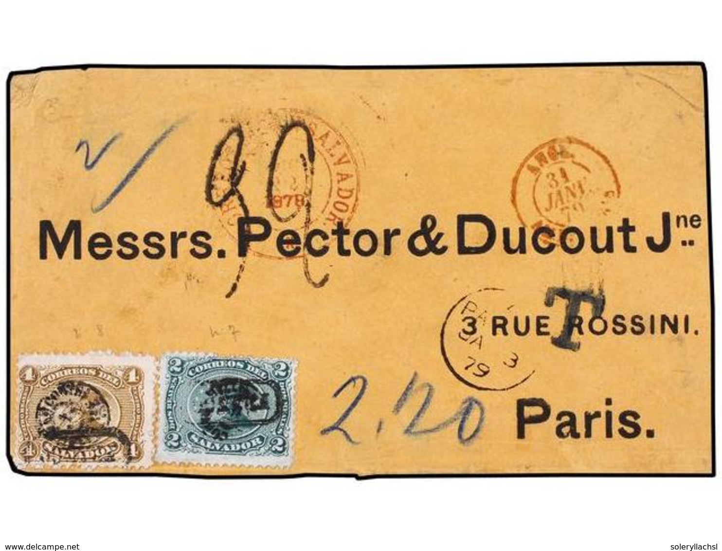 SALVADOR. 1878. Printed Cover Front Sent From SAN SALVADOR To PARIS With 1874 2r Green And 4r Bistre With Circular Type  - Autres & Non Classés