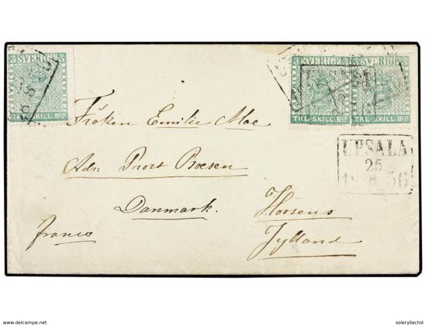 SUECIA. Fa.1b (3). 1856. 3 Sk. Bluish Green, Three Singles All Tied By UPSALA/25.8.1856 Boxed Cds On Small Neat Envelope - Otros & Sin Clasificación