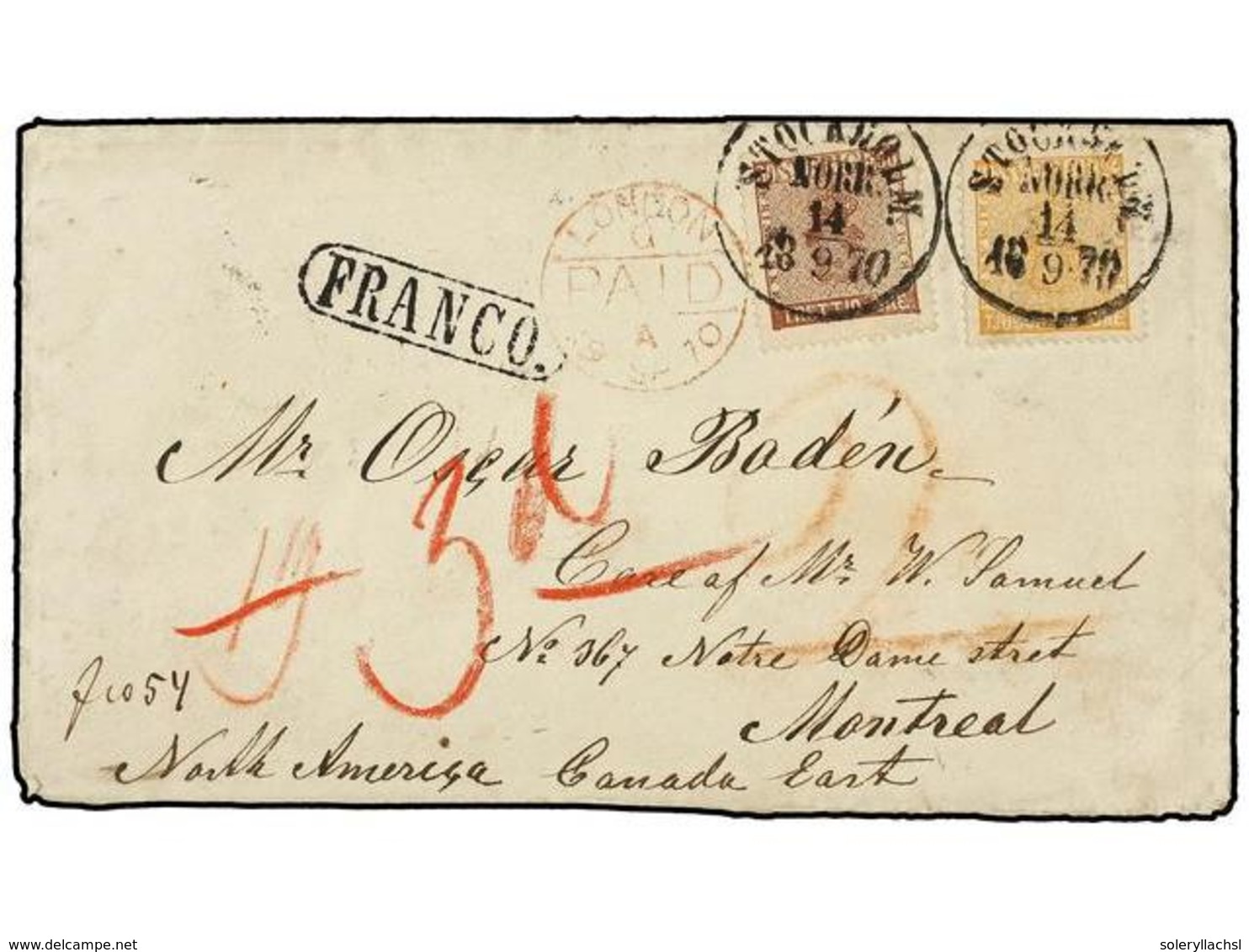 SUECIA. 1870. STOCKHOLM To MONTREAL (Canadá). 24 Ore Orange And 30 Ore Brown Via GB, Arrival MONTREAL Cds On Back And Ta - Other & Unclassified