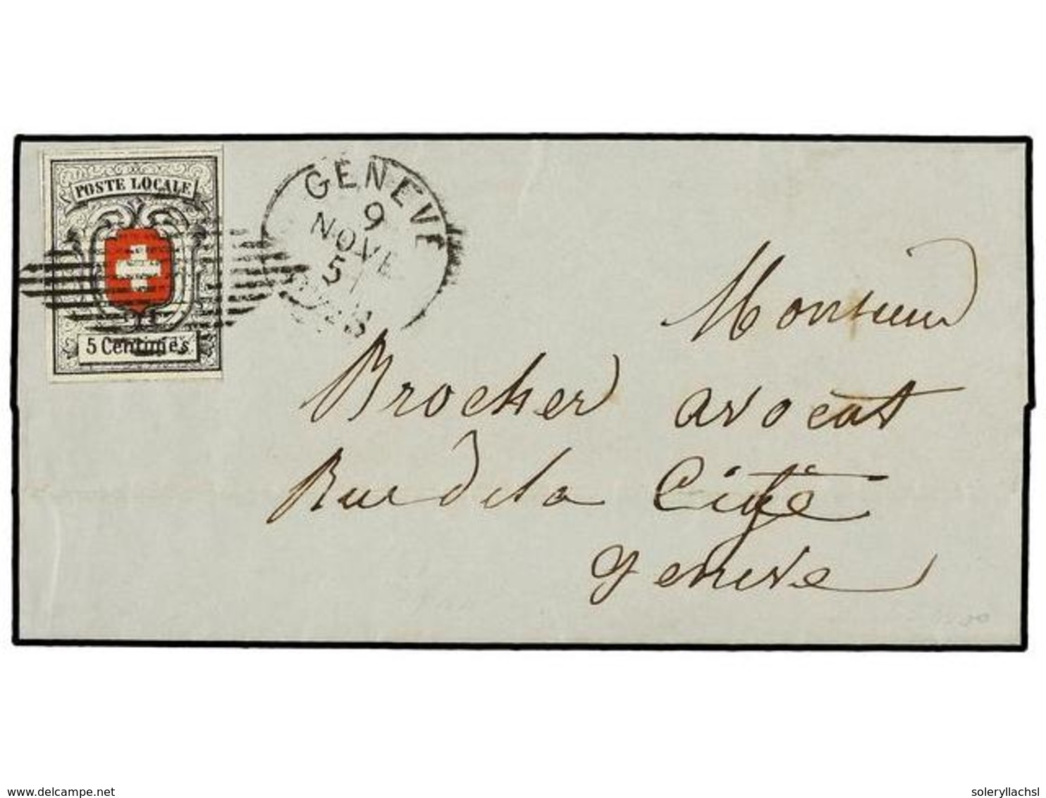 SUIZA. 1851. GINEBRA Correo Interior. 5 Céntimos Negro Y Rojo. Mat. REJILLA Y Fechador Al Lado De GINEBRA. MAGNÍFICO. Ce - Autres & Non Classés