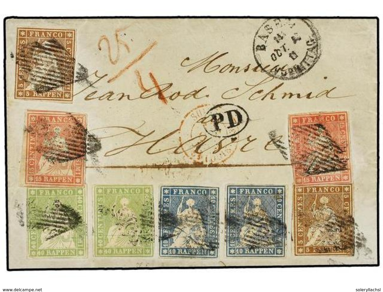 SUIZA. 1854. BASEL A HAVRE (Francia). 5 Rp. Castaño (2), 10 Rp. Azul (2), 15 Rp. Rosa (2) Y 40 Rp. Verde (2). Excepciona - Autres & Non Classés