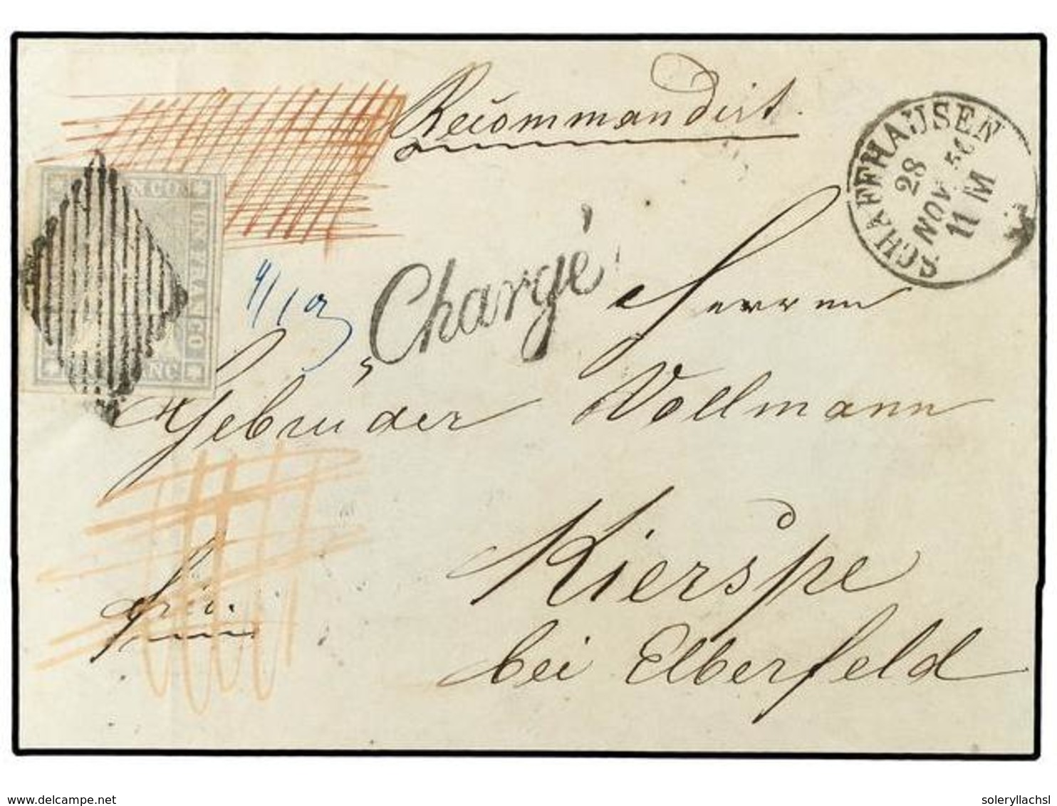 SUIZA. 1856 (Nov 28th). Registered Double Rate (3rd Rayon) Cover From Schaffhausen To Kierspe Near Elberfeld, Prussia, F - Otros & Sin Clasificación