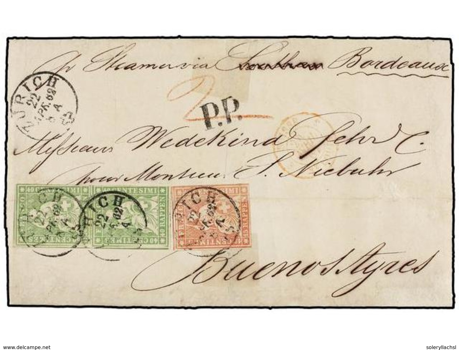 SUIZA. 1862. ZURICH To BUENOS AYRES. 5 Rp. Rose Red And Pair Of 40 Rp. Green With ZURICH Cds. Cancel. Horizontal Filing  - Autres & Non Classés