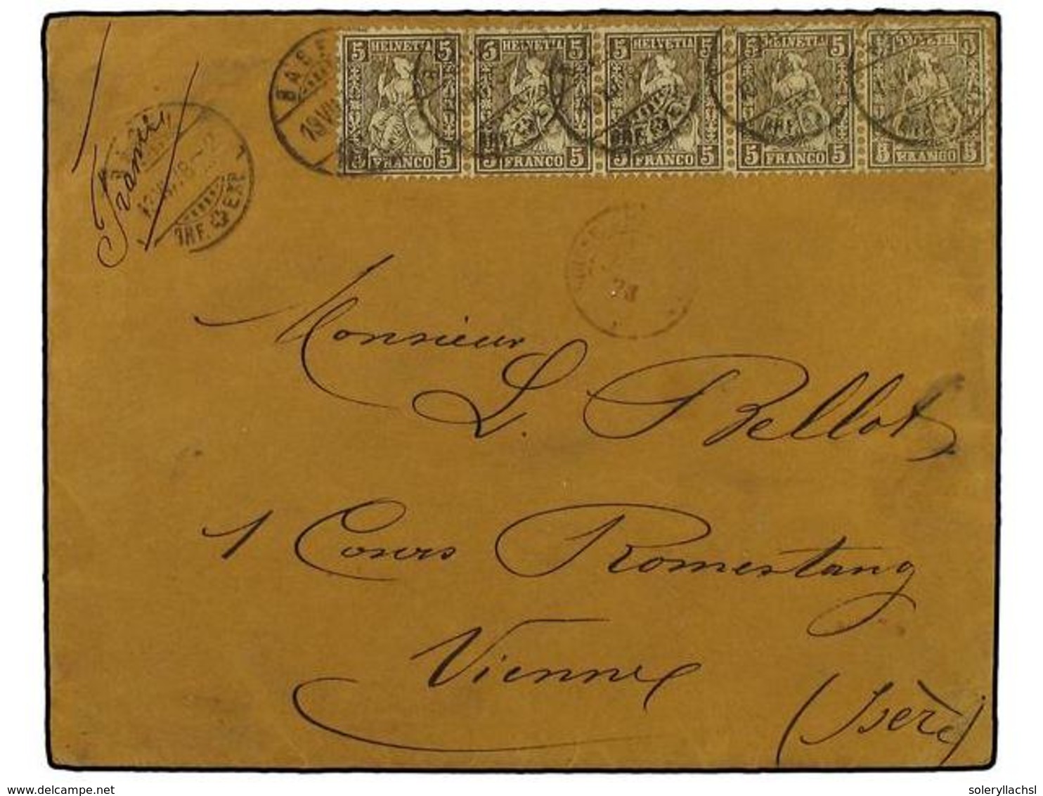 SUIZA. 1878 (July 9). Cover To Vienna Franked By Late Usage Of 1862-64 5c. Brown In A Fine Horizontal Strip Of Five Tied - Autres & Non Classés