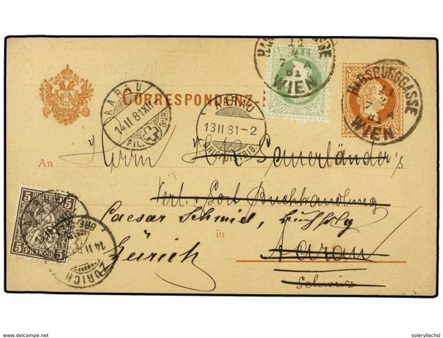 SUIZA. 1881 (Feb 11). 2kr. Brown Postal Stationery Card Mailed To Aarau, Switzerland And Up-rated With 1867-74 3kr. Gree - Autres & Non Classés