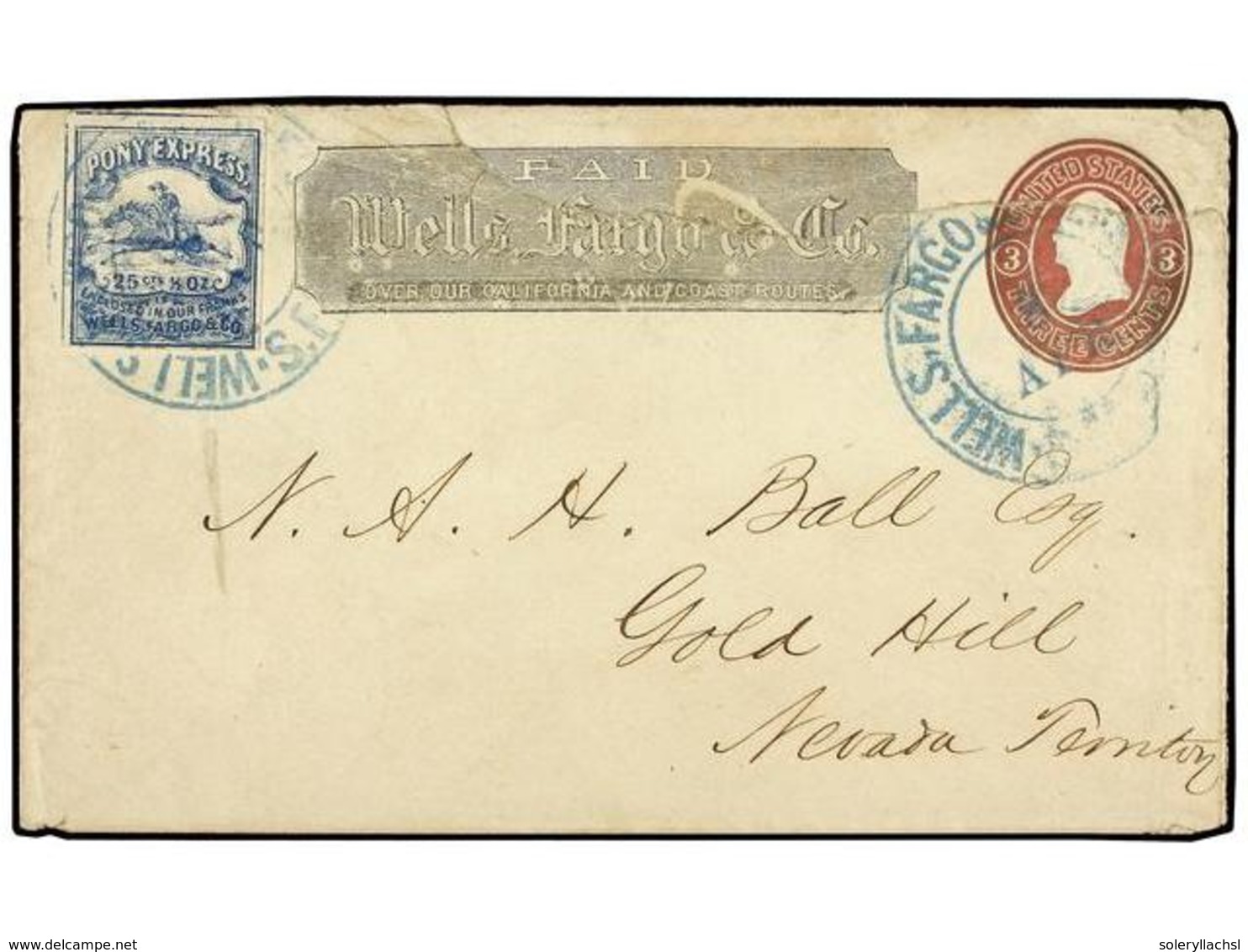 ESTADOS UNIDOS. (1862 CA.). WELLS FARGO. 3 Cents Stationery Roughly Opened On Top And Repaired, With Adtl. Pony Express  - Andere & Zonder Classificatie