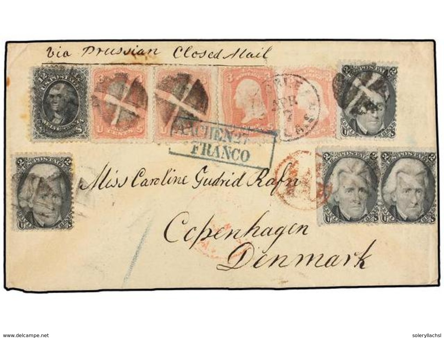 ESTADOS UNIDOS. Sc.73 (4), 65 (4), 69. 1867. NEW ORLEANS To COPENHAGEN (Denmark). Envelope Franked By Four 2 Cts. Black, - Other & Unclassified