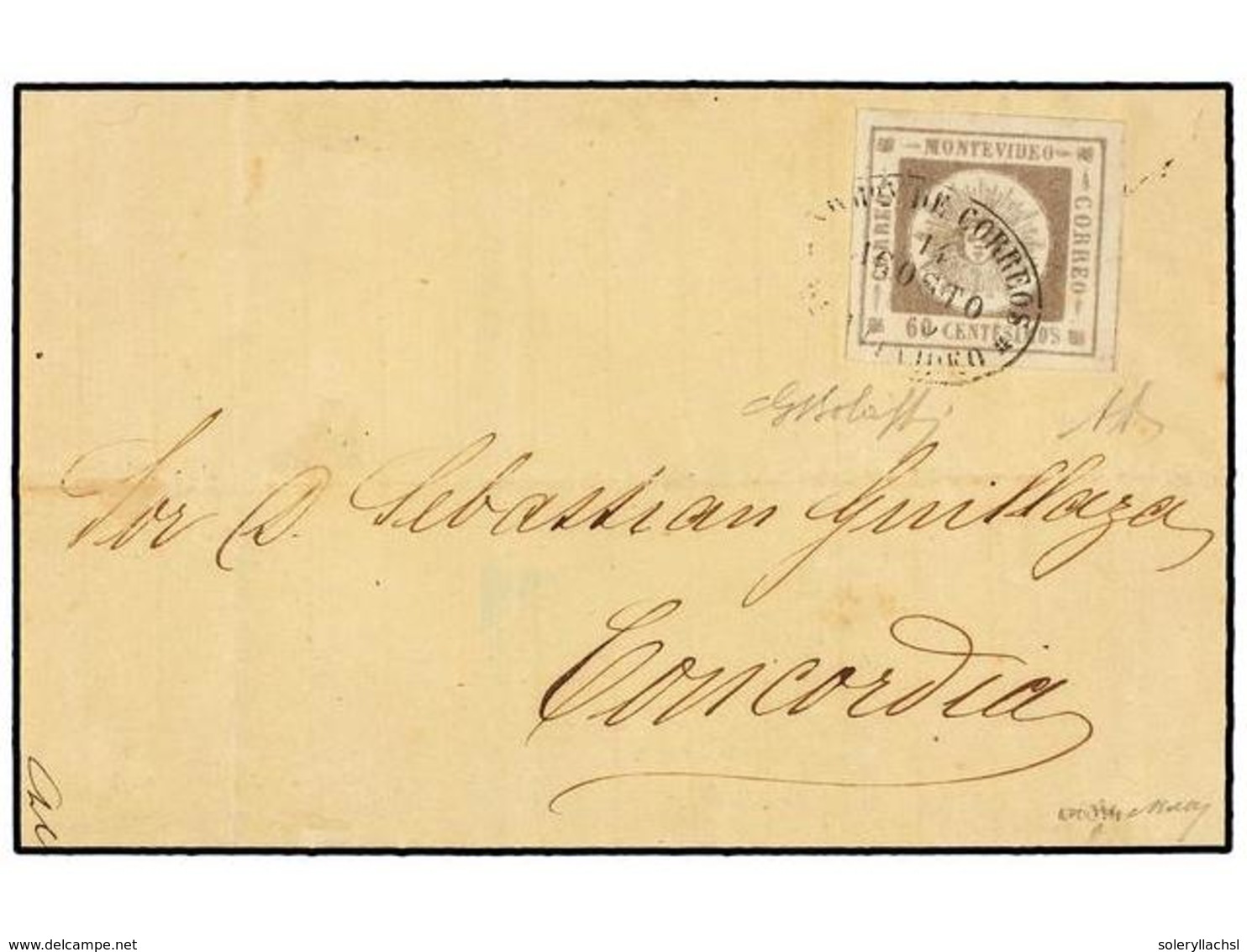 URUGUAY. Sc.7. 1859. MONTEVIDEO A CONCORDIA. 60 Cts. Gris Lila, Mat. Ovalado De MONTEVIDEO. Muy Bonita. - Other & Unclassified