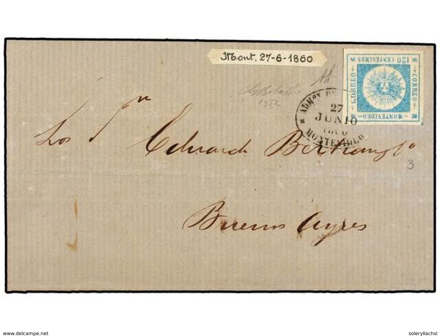 URUGUAY. Sc.10. 1860. MONTEVIDEO A BUENOS AIRES. 120 Cts. Azul, Mat. Ovalado De MONTEVIDEO. Muy Bonita. - Autres & Non Classés