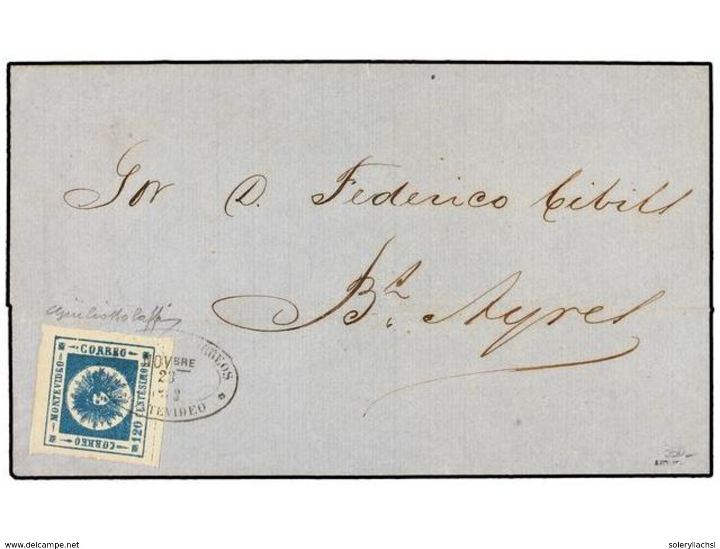 URUGUAY. Sc.16. 1863. MONTEVIDEO A BUENOS AYRES. 120 Centésimas Azul. Márgenes Excepcionales. Cert. G. BOLAFFI. - Other & Unclassified