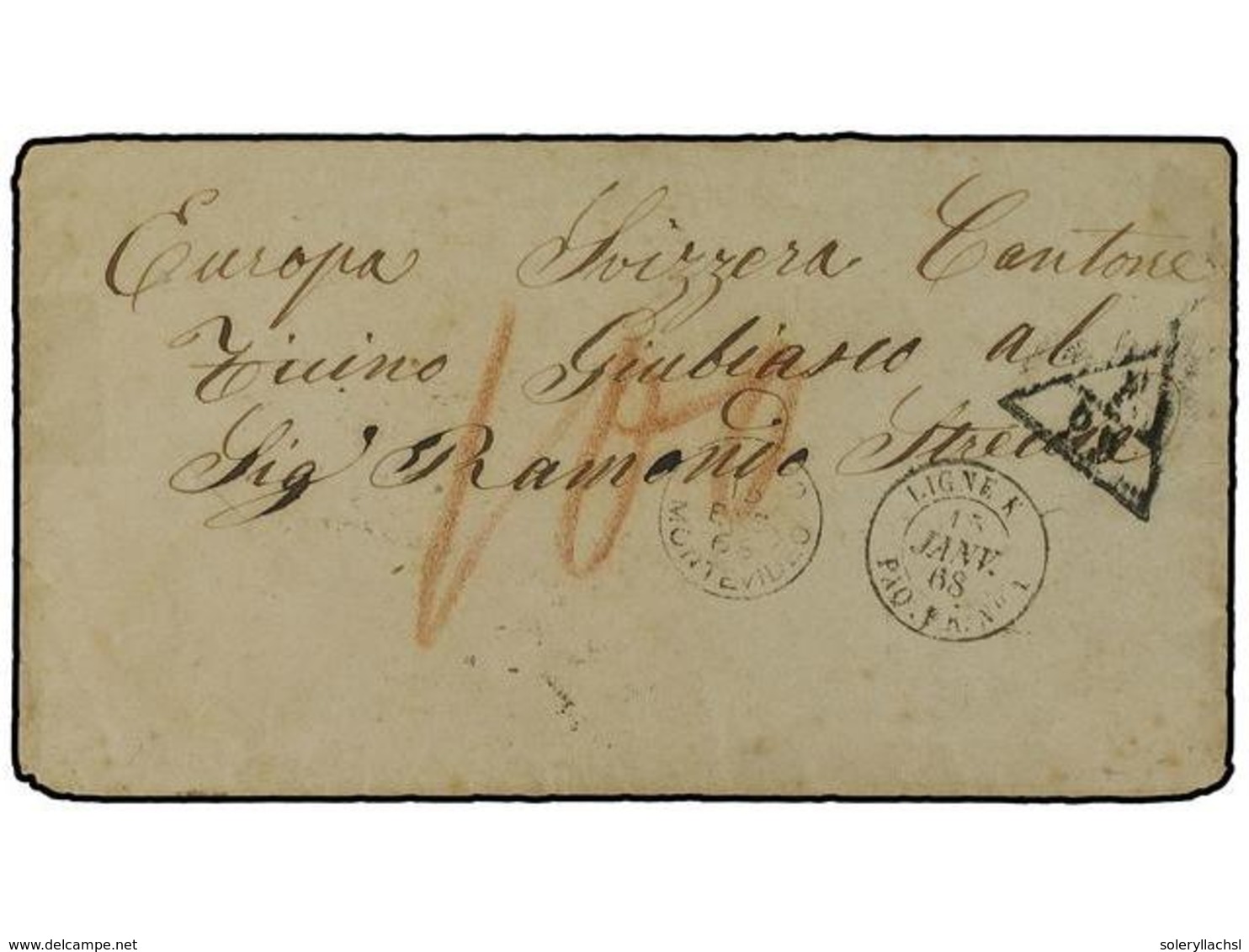 URUGUAY. 1868 (Jan 15). Stampless Cover With MONTEVIDEO Despatch Cds, Used To GIUBIASCO (Switzerland) With Fine Strike O - Other & Unclassified