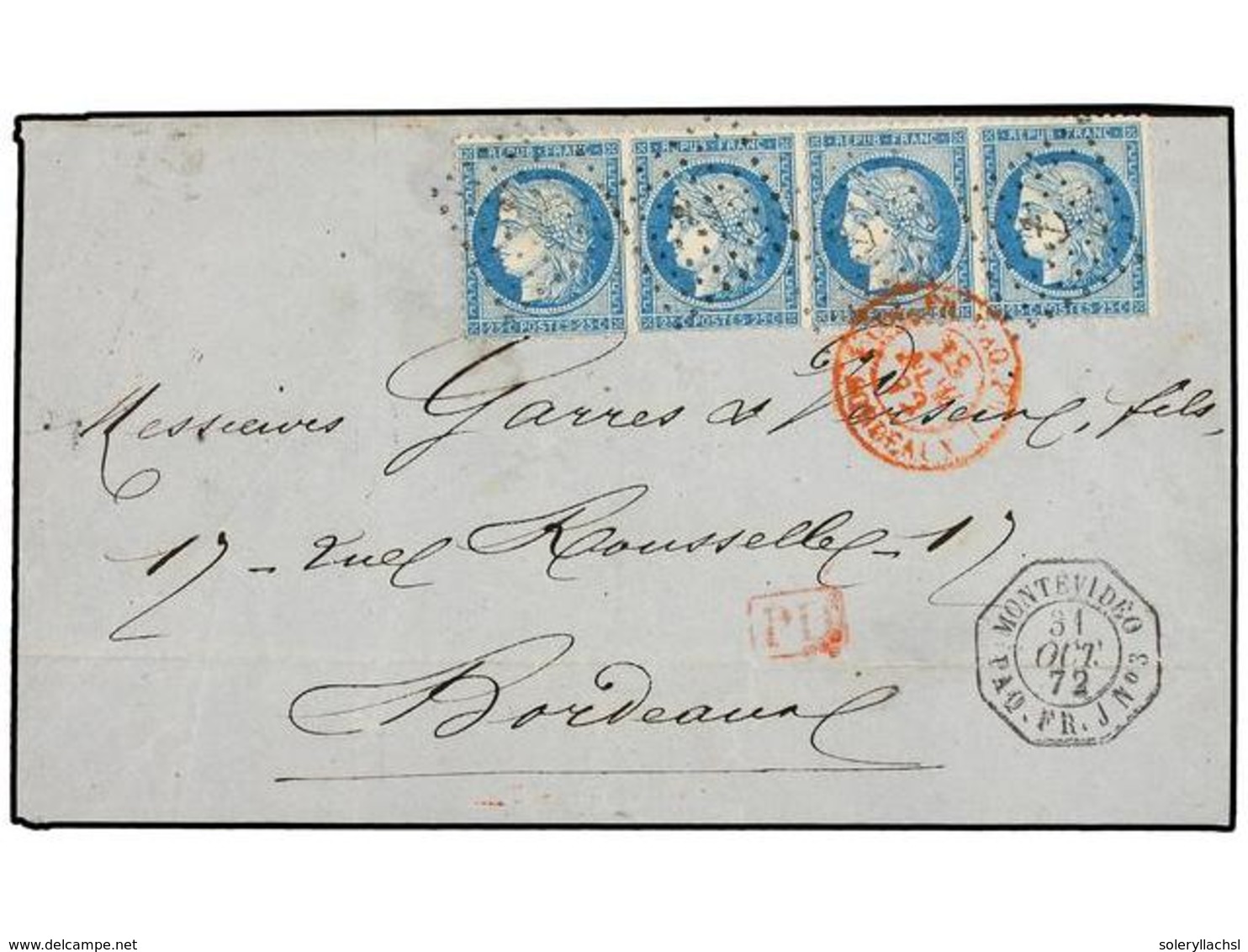 URUGUAY. 1872. MONTEVIDEO A FRANCIA. Circulada Con Sellos Franceses De 25 Cts. Azul (4), Mat. ANCLA Y Fechador MONTEVIDE - Autres & Non Classés