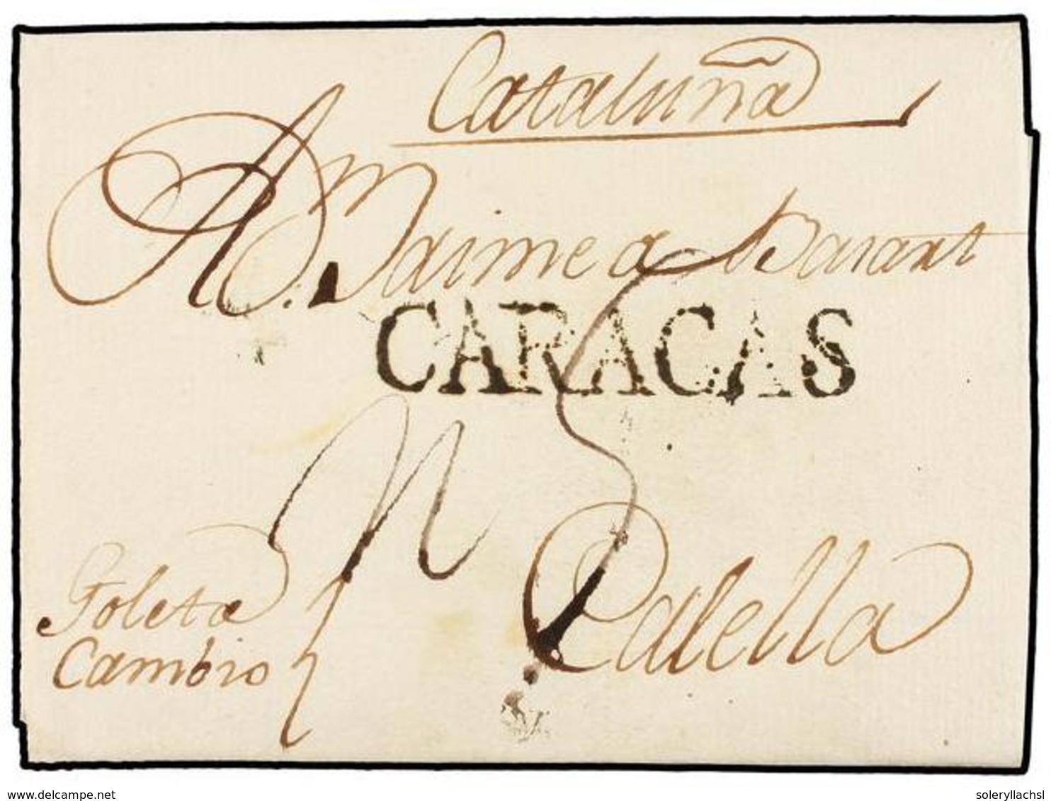 VENEZUELA. 1802 (4 Mayo). CARACAS A CALELLA (Barcelona). Marca Lineal CARACAS En Negro, Manuscrito 'Goleta Cambio' Y Por - Other & Unclassified