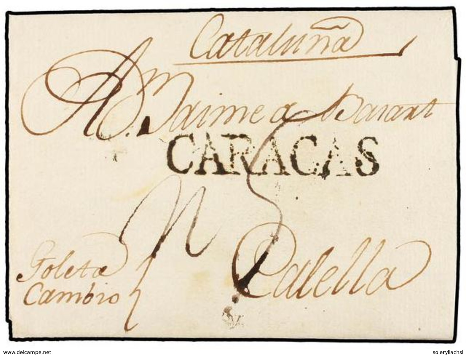 VENEZUELA. 1802 (4 Mayo). CARACAS A CALELLA (Barcelona). Marca Lineal CARACAS En Negro, Manuscrito 'Goleta Cambio' Y Por - Sonstige & Ohne Zuordnung