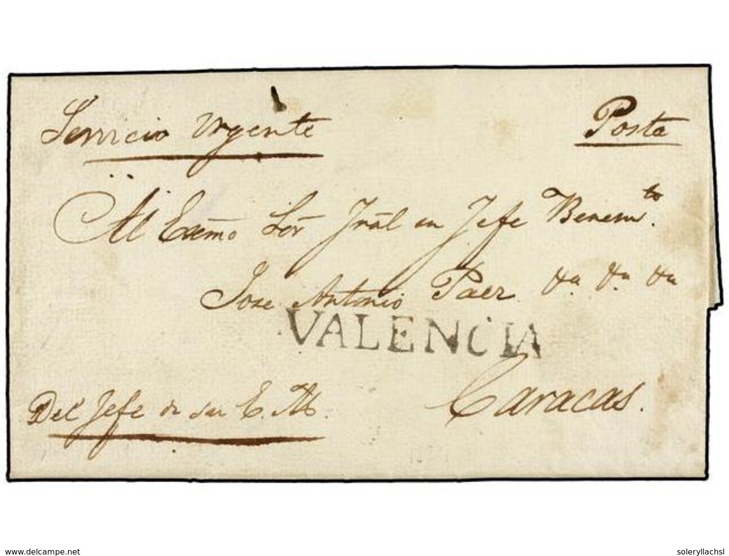 VENEZUELA. 1824 (19 Diciembre). VALENCIA A CARACAS. Carta Completa Dirigida Al General En Jefe Jose Antonio Paez (poster - Sonstige & Ohne Zuordnung